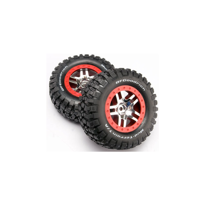 TRA6873A Traxxas KM2 neumático & SCT Split-Spoke rueda 2.2/3.0" (Satin Chrome-rojo, 2 unidades) - Imagen 1